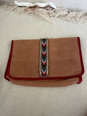 Free People Boho Tan  Clutch with Burgundy Trim & Beaded Chevron Accent  LOVE❤️